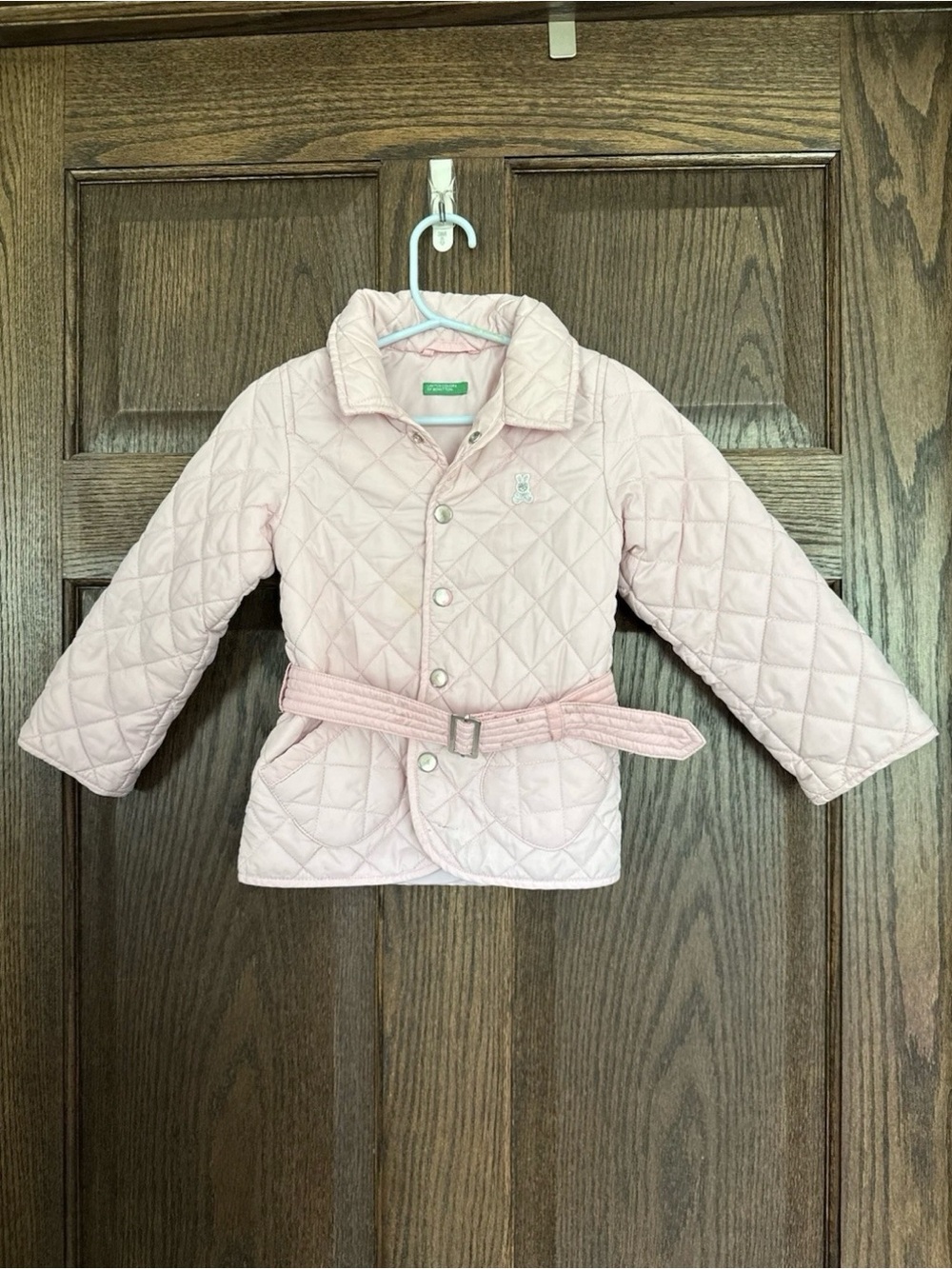 Vintage United Colors of Benetton Girls 24M Pink Quilted Belted Jacket